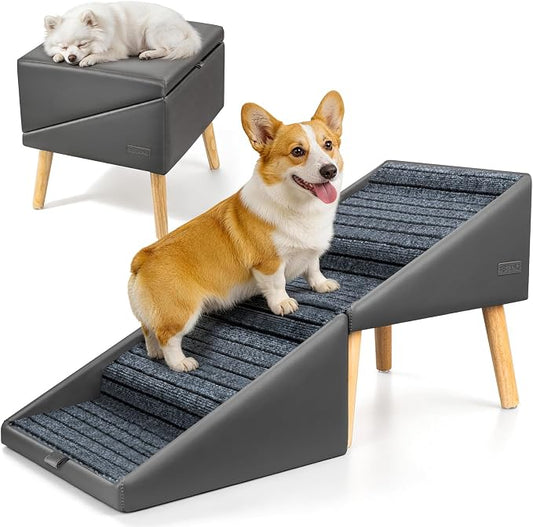 17" H Dog Stairs for Small Dogs – 4-Step Non-Slip Dog Ramp for Couch, Foldable 2-in-1 Pet Stairs & Ottoman, Upgraded Pet Steps for Puppies, Senior Dogs & Injured Pets, Solid Wood Frame (Grey)