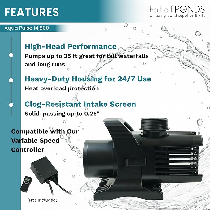 HALF OFF PONDS Submersible Water Pump, 14,800 GPH Pond Pump with 100FT Power Cord and 35.5FT Max Head, 1,100W Ultra Quiet Energy Efficient Pump for Koi Pond, Fountain, Waterfall, Water Garden, Skimmer