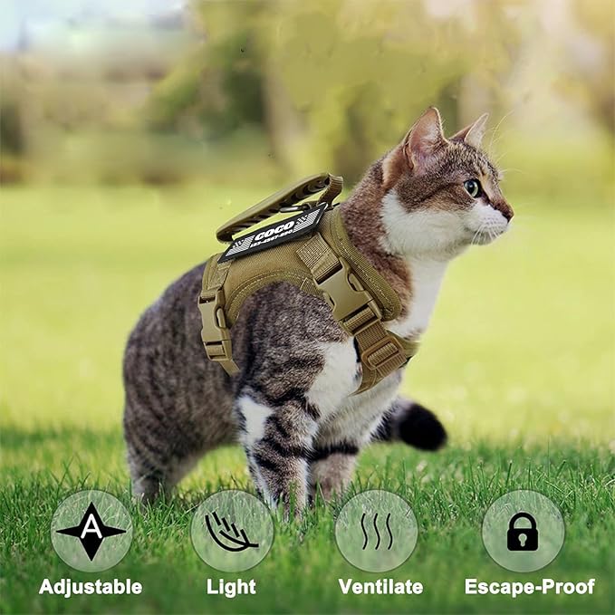 Tactical Cat Harness Escape Proof for Walking with Personalized Patches - Adjustable Cat Harness 8-20lbs Escape Proof - Soft Vest for Large Kitty with Optional Leash (Black)