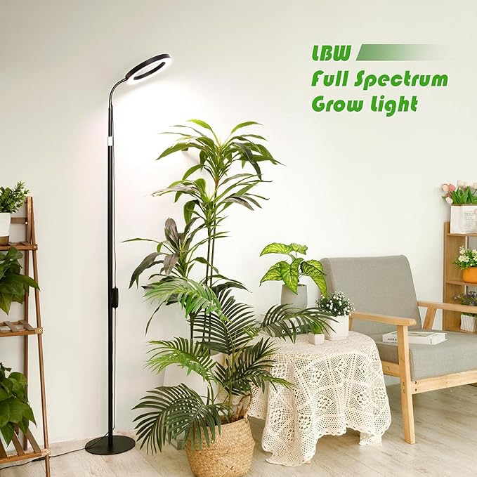 LBW Grow Light with Stand for Indoor Plants, 8" Halo Full Spectrum Grow Light, 68" Height Adjustable Plant Light, Auto Cycle Timer (6/8/12/16H), 5-Level Dimmable, 3 Lighting Modes