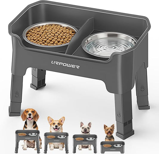 URPOWER Mess Proof Elevated Dog Bowls 4 Height Adjustable Raised Bowl Stand with 2 Stainless Steel Dog Bowls Non-Slip Food and Water Bowl Set for Small and Medium Dogs,Grey