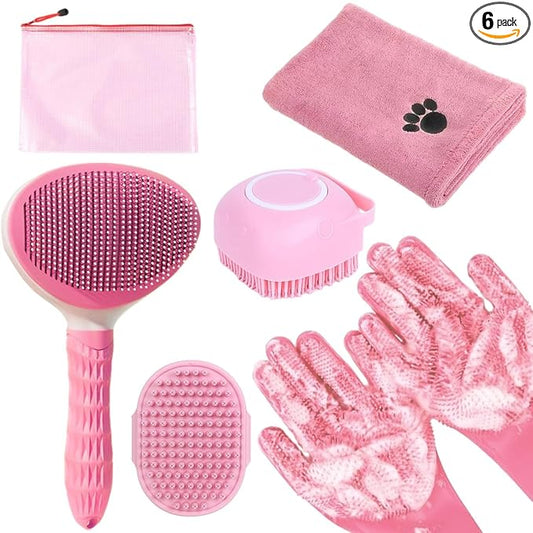 Bath Grooming Kit for Pets - Hair Brush Set with Towel, Washing Gloves, and Shampoo Scrubber Brush for Dogs and Cats (Pink)