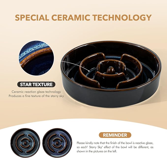 Havniva Elevated Slow Feeder Dog Bowls, 1.2 Cups/7.3 inch Slow Feeders + 6.1 inch Ceramic Dog Food & Water Bowls Set with Acacia Wood Stand Puzzle Bowls for Fast Eater, Small Dogs Anti-Choking