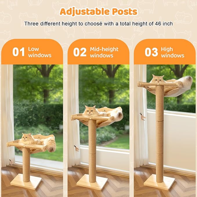 Cat Window Perch Hammock with 3-Piece Detachable Sisal Scratching Posts, Drill-Free Suction Cup Mount, Multi-Level Climbing Perch for Bird Watching, 45 LBS Capacity