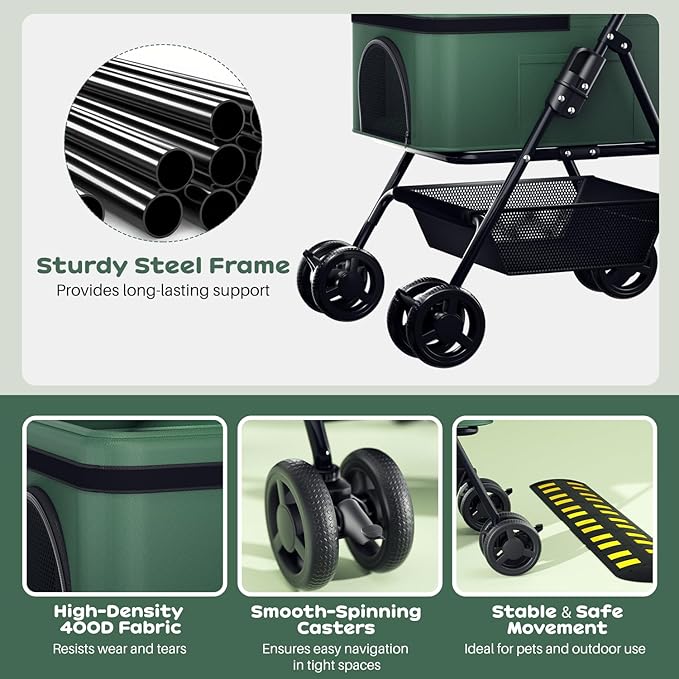 Foldable pet Stroller for Cats with Detachable Weather Cover, 4 Wheels Pet Strolling Cart for Dogs and Cats with Storage Basket and Cup Holder（Green）