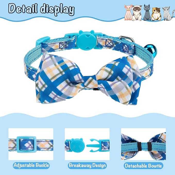 Breakaway Cat Collar with Removable Bow Tie and Bell, 3 Pack Safety Buckle Kitten Collars, Adjustable Pet Collar with Cute Multi-Style Patterns, Ideal for Boy Cats Puppy