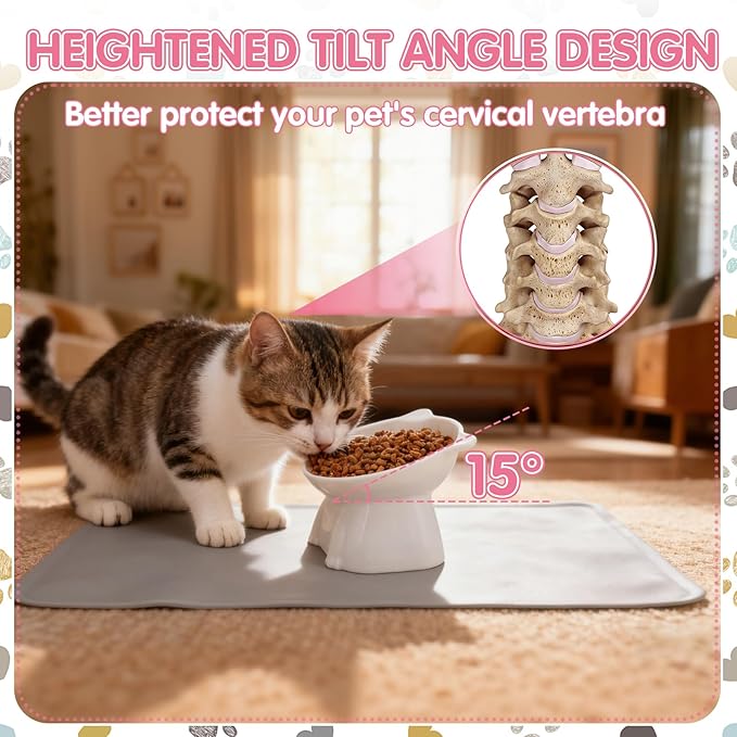 Elevated Cat Bowls 15° Raised Cat Bowl with Silicone Mat Whisker Friendly Anti Vomiting Cats Elevated Food and Water Bowls for Indoor Cats Kittens, Multicolor