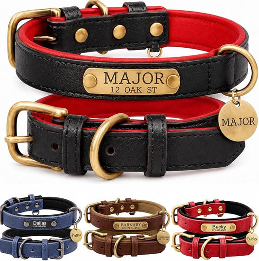 Leather Dog Collar Personalised and Leash Set, Personalized with Soft Padded Design Heavy Duty Featuring Custom Engraved Name Plate for Small Medium and Large Dogs