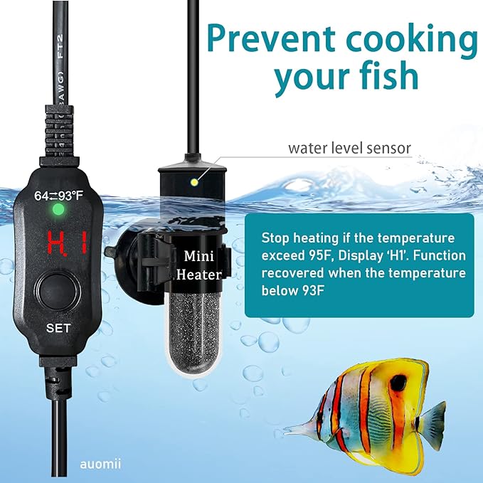 Mini Submersible Aquarium Heater, 10/20/25/50/100/150 Watts Adjustable Fish Tank Heater, Built-in Thermometer, External Temperature Controller, Smart Memory, Used for 1-60 Gallons (10W Plug)