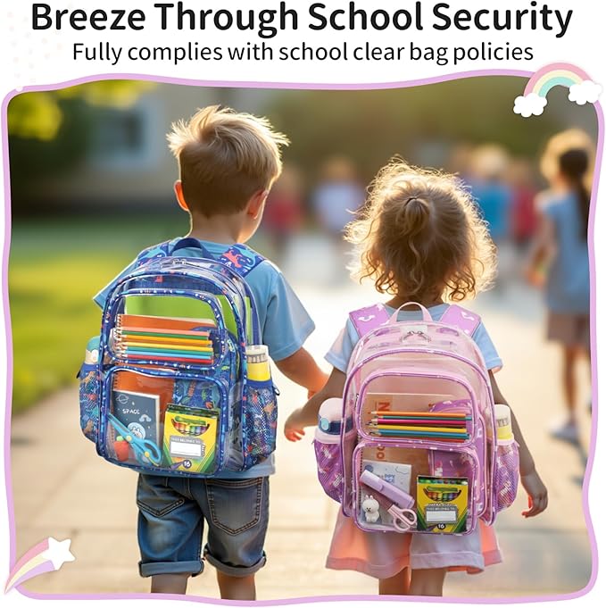 Clear Backpack for Girls, 15 Inch Heavy Duty Transparent Bookbag for Kindergarten to 2nd Grade, PVC See Through Daypack with Reflective Straps, Fits Standard Folders, Purple Cute Unicorn