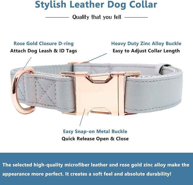 Soft Leather Dog Collar and Leash (6.6') Set - Stylish Rose Gold Heavy Duty Metal Buckle, 4 Adjustable Lengths Leash for Small Medium Large Dogs - Comfortable & Easy to Clean Grey L(15.4"-24.8")