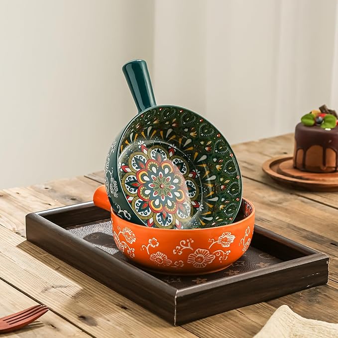 Bohemian Ceramic Soup Bowl with Handle – 23oz, 8.66" – Handmade Spagehetti Bowl Colorful Floral – Wide Shallow for Soup Microwave & Dishwasher Safe Pasta Salad Dish Green 1 PC