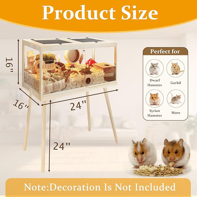 PROLEE Hamster Cage Chewproof, Mice and Rat Habitat with Transparent Sides, Hamster Cage with Openable Mesh Top, Solid Built with Lock Design and Leg Stand, 24" Long