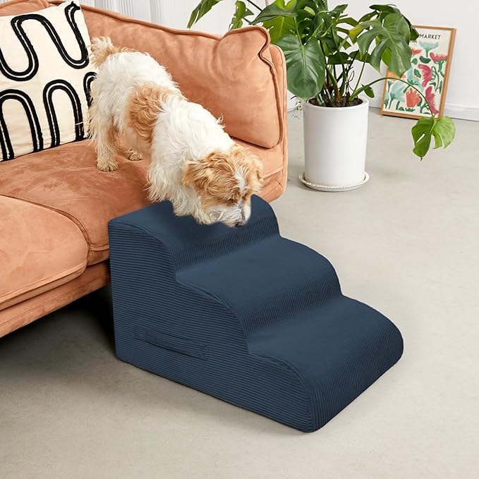 Mesa Lemon Dog Steps for Small Dogs, 3-Step Pet Ramp Stairs for High Beds and Sofa, Non-Slip Pet Stairs for Small Dogs and Cats, Removable and Easy to Clean Cover, Navy
