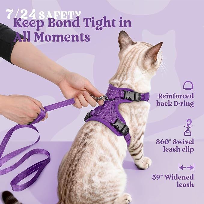 rabbitgoo Cat Harness and Leash, Escape Proof Vest with 3 Adjustable Buckles, Soft Comfortable Kitten Harness, Easy to Wear, Reflective for Safe Outdoor Walking, Medium, Purple