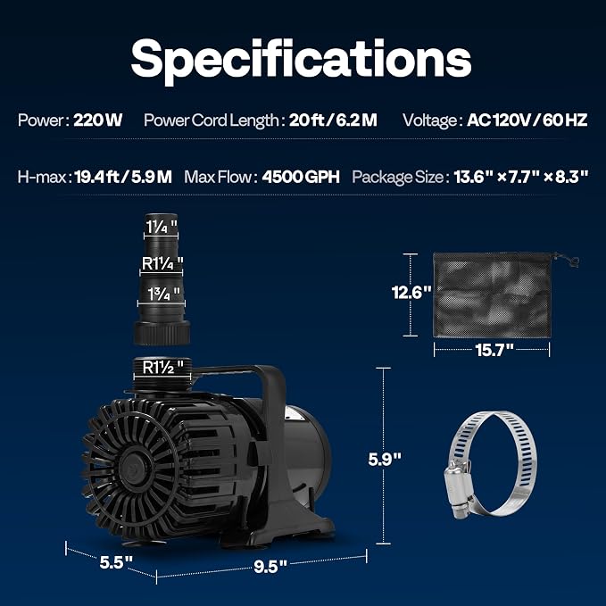 VIVOHOME 220W 4500GPH Submersible Water Pump with Barrier Bag for Koi Pond | 19.4ft Max Lift, 180° Seamless Adjustable Nozzle, 20ft Power Cord, IPX8 Waterproof
