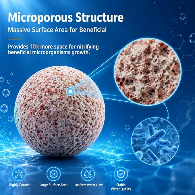 Sukh 30oz Ceramic Bio Balls - Aquarium Filter Media with 4 Mesh Bags | Porous Spheres for Fish Tank, Sump, Pond, Canister Filters, Freshwater Systems, Koi Ponds, Media Bag Use & Easy Water Flow