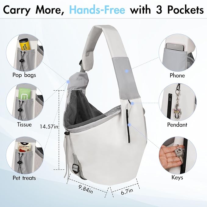 Dog Carrier Sling, Dog Carriers for Small Dogs & Cats with Pockets, Puppy Carrier Sling 20 lbs Machine Washable, Adjustable Shoulder Strap, Hands Free for Family Outdoor Use (Grey)