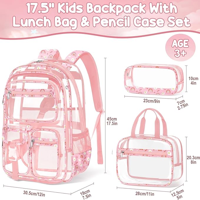 Fimibuke Clear Backpack for Girls, 3PCS Heavy Duty PVC Transparent Girls Backpack with Lunch Box & Pencil Case School Stadium Approved Cute Toddler School Bookbag for Preschool Kindergarten Elementary