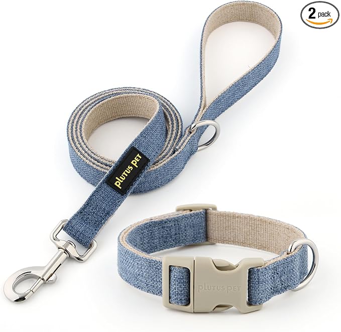 Plutus Pet Cotton Hemp Dog Collar and Leash Set, Adjustable Collar for Small, Medium, and Large Dogs, Heavy Duty and Soft on Skin, Haze Blue, L