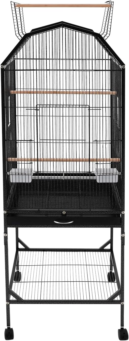 53.5 Inch Iron Bird Cage, Large Parakeet Cages with Play Open Top and Rolling Stand, Bird House with Detachable Stand and Pull-Out Tray for Cockatiels, Parrots, Lovebirds, Canaries (Black, Style B)