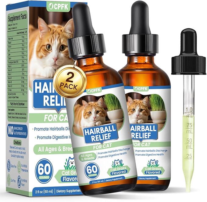 Cat Hairball Remedy Drops, 60 ml (2 fl oz) 2 Pack Cat Hair Ball Treatment Furball Control Relief Helps Eliminate and Prevent Hairballs for Indoor Cats Supports Skin and Coat Digestion