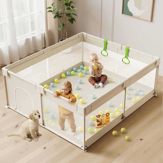 Fodoss Baby Playpen, 59×69in Beige Playpen for Babies and Toddlers, Play Pen for Apartment, Kids Activity Fence, Baby Playard with All-Side Mesh, Pull Rings