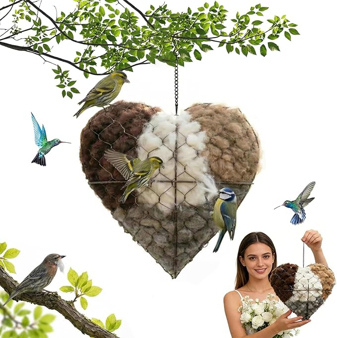 Bird Nesting Material Holder,Handmade Alpaca Fiber Bird Nesting Heart,Birds Nests Material Holder,Winter Fowl Gifts Animal Hummingbirds Lovers Home Garden Yard(1 Set) 111