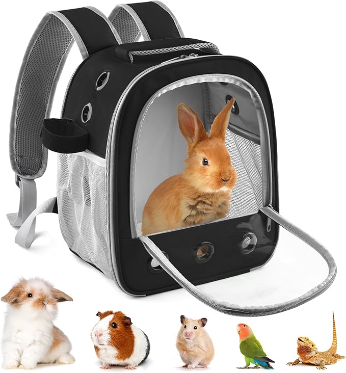 DBNESS Guinea Pig Carrier Backpack, Portable Rabbit Travel Carring Bag for Pet Bunny Chinchilla Bearded Dragon Hamster Parrot Outgoing Pouch Case with Water Bottle Holder & Detachable Pad (Black)
