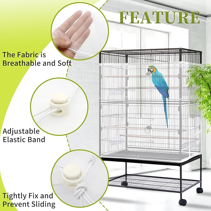 Daoeny 2PCS Bird Cage Seed Catcher, Large Bird Cage Cover, Adjustable Soft Airy Nylon Mesh, Birdcage Cover Skirt Seed Guard for Parrot Parakeet Macaw Round Square Cages (White & White)