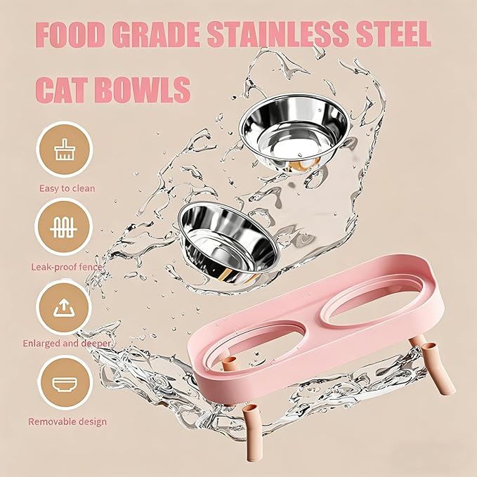 Elevated Cat Bowls, 2 Stainless Steel Raised Cat Food and Water Bowl Set, Splash Proof & Non-Slip, Whisker Fatigue Friendly, Dishwasher Safe for Cats and Small Dogs - Pink