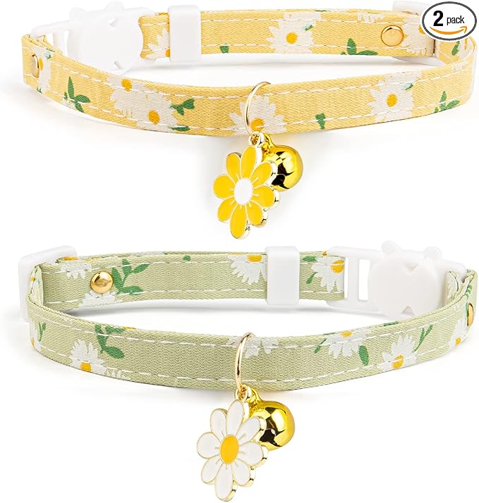 2 Pack Cotton Breakaway Cat Collar with Bell Yellow&Green Flowers Pendant Cute Kitten Cat Collar Suitable for Girls and Boys