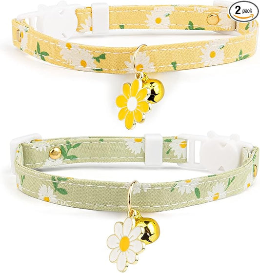 2 Pack Cotton Breakaway Cat Collar with Bell Yellow&Green Flowers Pendant Cute Kitten Cat Collar Suitable for Girls and Boys