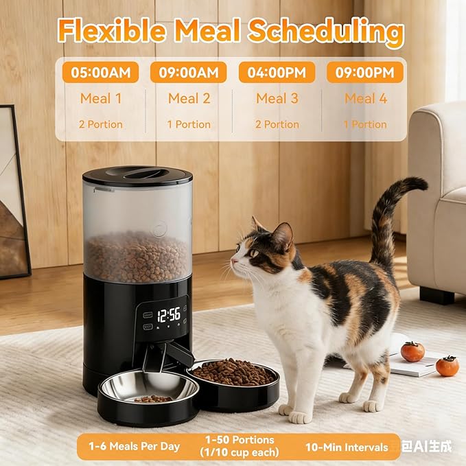 NEWBULIG Automatic Cat Feeder for 2 Cats, 6L Timed Pet Feeders with 10s Voice Recorder, Dog Food Dispenser, Dry Food, 6 Meals, Programmable 50 Portions, Dual Power Supply