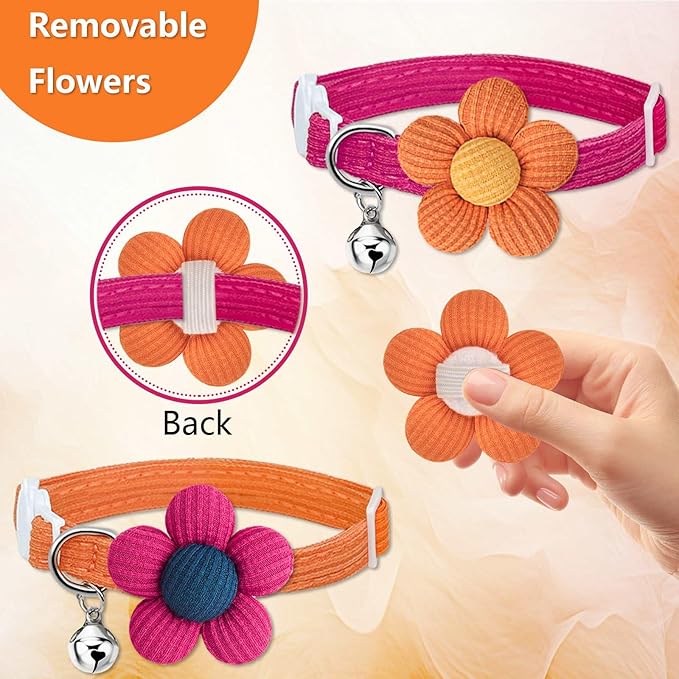 Cat Collar, HANSHILAI Kitten Collar with Bells, Cute Cat Collar Breakaway for Girl Boy with Flower,Collar para Gatos (2 Pack) (Orange & Rose Red)