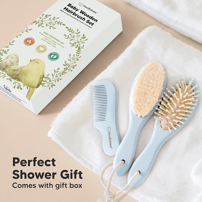 Baby Hair Brush Set for Newborns - Soft Goat Bristle Wooden Baby Brush and Comb Set Newborn Grooming Kit for Cradle Cap, Durable & Gentle, Boy, Girl Infant Essentials Care Kit (Regular, Frost)