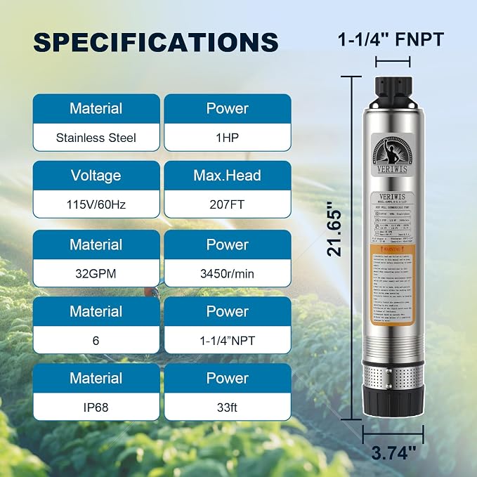 Submersible Well Pump 4" 1HP 115V 32GPM 207FT Head | Clog-Resistant Bottom Suction, 3-Year Warranty, 33FT UL Cord, Stainless Steel, for Septic Tank Effluent Water