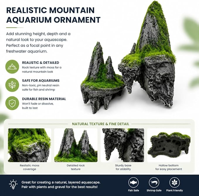 2 Gallon Small Fish Tank Starter Kit with Light, Filter and Mountain Decor | Desktop Betta and Shrimp Habitat with Lid, Gravel, Plants and Aquascaping Tools for Beginners
