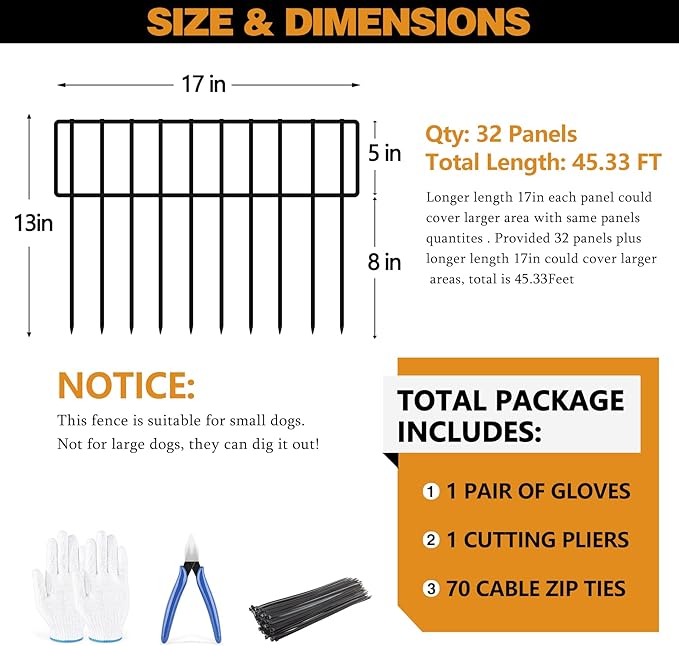 45.33ft(L) X 13inch(H) Animal Barrier Fence, 32 Panels No Dig Fences for Rabbit, Dog Digging Defense Ground Bottom Blockers, Rustproof Metal Border for Garden Outdoor Patio Landscaping