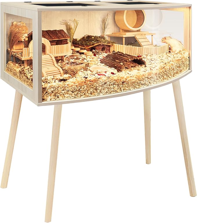 PROLEE Hamster Cage with Curved Design, Chew Proof Wooden Hamsters Enclosure with Leg Stand and Openable Top for Gerbils, Hamster Habitat (48"x20"x20")