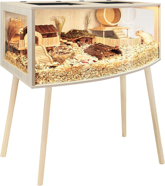 PROLEE Hamster Cage with Curved Design, Chew Proof Wooden Hamsters Enclosure with Leg Stand and Openable Top for Gerbils, Hamster Habitat (48"x20"x20")