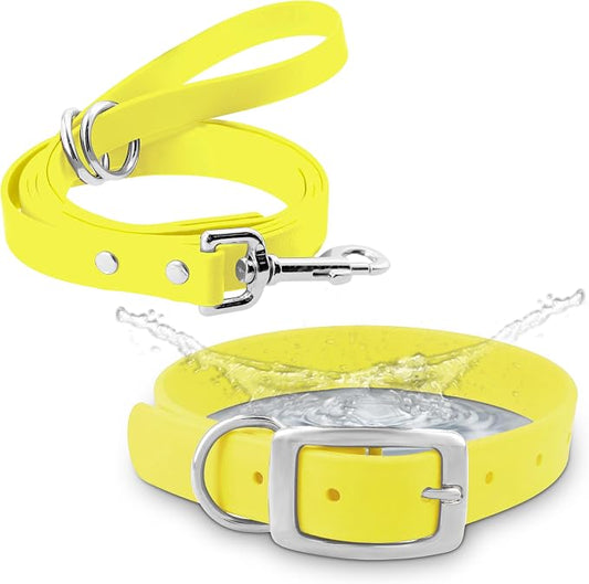 Regal Dog Products Small Yellow Waterproof Dog Collar and Leash Set | Heavy Duty Double Buckle & D Ring - 5'ft Leash | Adjustable Biothane Dog Collar | Chew Resistant Waterproof Collar for Dogs