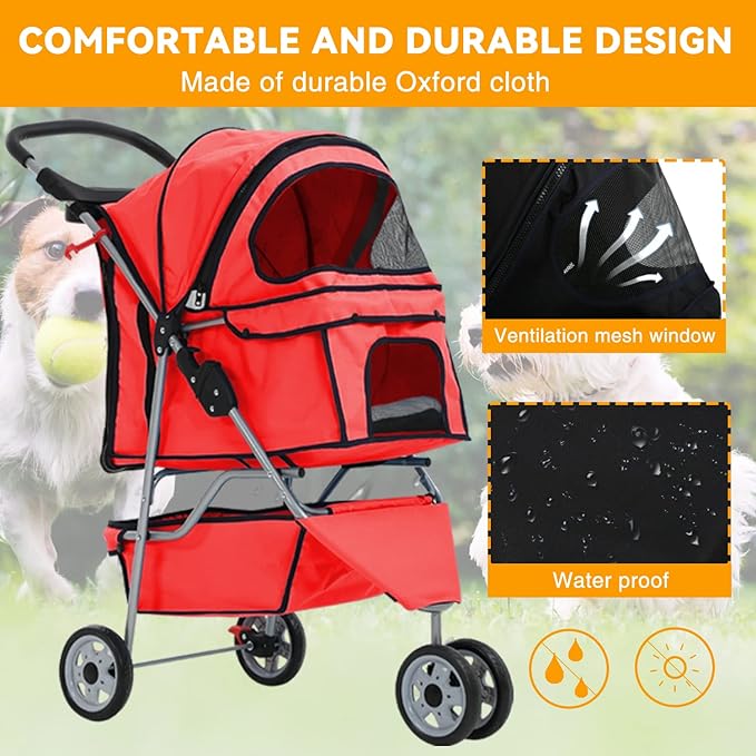HCY Folding Dog Stroller, 3 Wheels Cat Strollers Pet Gear for Small Medium Cats Dogs Puppy with Storage Basket, Cup Holder,Lightweight-Red, 35.04 inch x17.32 inch x38.58 inch