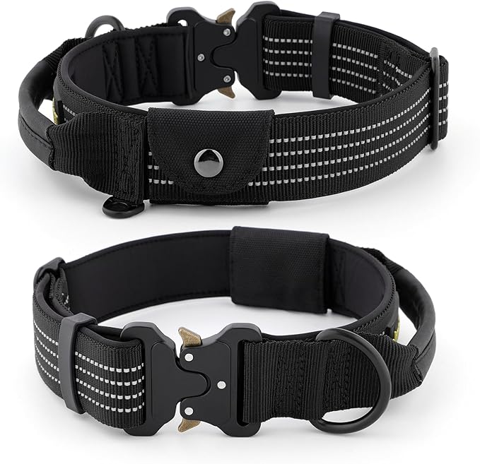 Plutus Pet Tactical Dog Collar with Tracker Pocket for AirTag, Adjustable Reflective Nylon Collar, Metal Buckle, Leather-Wrapped Handle, Soft Padded for Medium Large Dogs (Black, L)