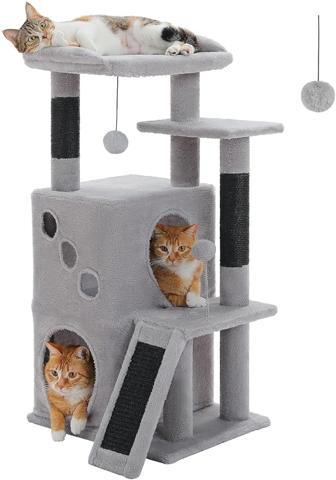 PETEPELA Cat Tree for Indoor Cats, 34.6" Small Cat Tower with Scratching Posts, 2 Condos, Scratching Ramp & Dangling Toys, Cat Play House for Multi-Cat Households, Black