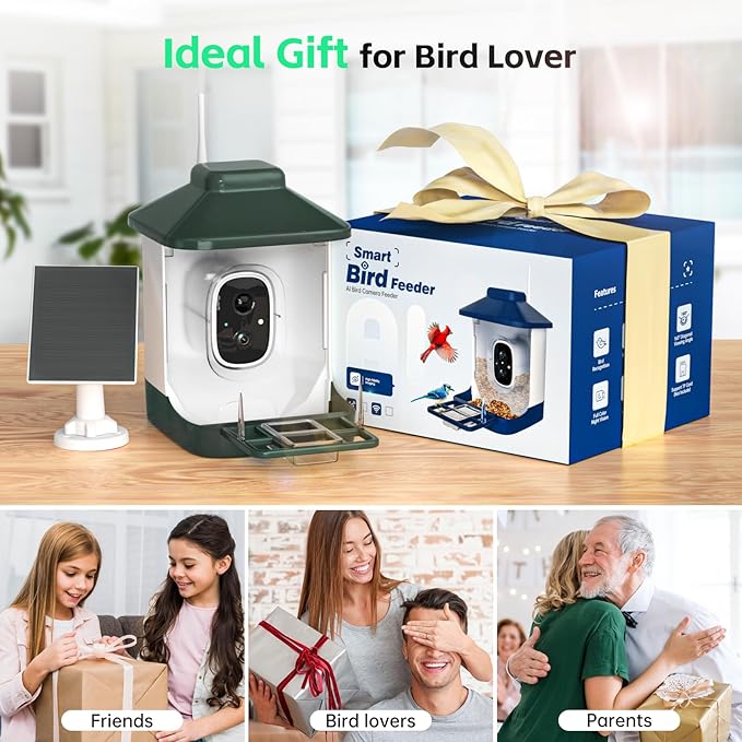 Smart Bird Feeder with Camera, AI Identify Bi rd Species Solar Powered,Full HD Live Video Bird Feeder Camera, 2.4Ghz WiFi, Instant Arrival Alerts - Best Gifts for Bi rd Lover