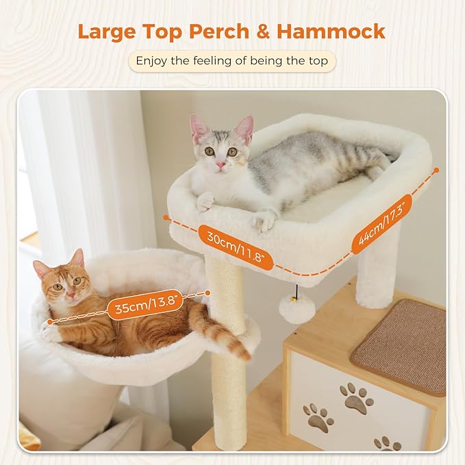 PAWZ Road Large Cat Tree with Food Station, 74.8 Inches Wooden Tall Cat Tower with Extra Large Condos and Hammocks,Spacious Perch,Sisal and Steel Posts, Scratching Mat for Indoor Adult Cats-Beige