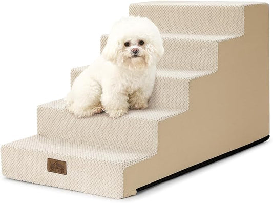 COZY KISS Dog Stairs for Small Dogs 17.7" H, 5-Step Gentle Incline Pet Step for Couch and Beds, Right-Angle Dog Ramp for Puppy Doggie Senior Cats, 17.7x29.5x17.7 Inch, Beige