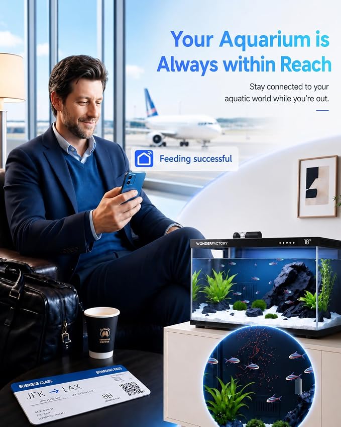 5 Gallon Smart Fish Tank App-Controlled Glass Betta Aquarium Starter Kit | Auto Feeder, 7 Colors LED Light, Temperature Display, Dual Filtration Quiet Pump, Download Free App 'SmartLIfe'