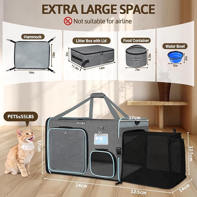 Petskd Side Expandable Extra Large Cat Car Carrier with Collapsible Litter Box for Long Distance Travel,24"x17"x17" Portable Soft Sided Pet Carrier with Roller Shades for 2 Cats Up to 55LBS(Grey)
